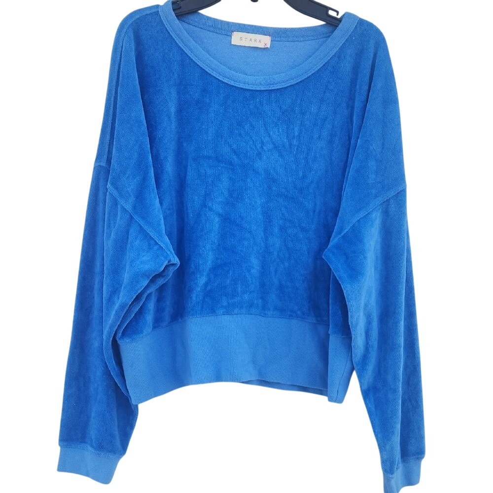 Stark X Blue Velour Sweatshirt Boxy Top Pullover Wide Neck Medium